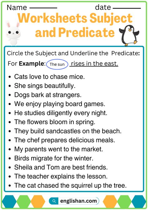 English Grammar Worksheet on Subject and Predicate in English Worksheet For 4th Grade English Grammar, Subject And Predicate Activities, Subject And Predicate Worksheet, Alliteration Examples, Subject Predicate, Eng Grammar, English 101, Handwriting Worksheets For Kids, Grammar Notes