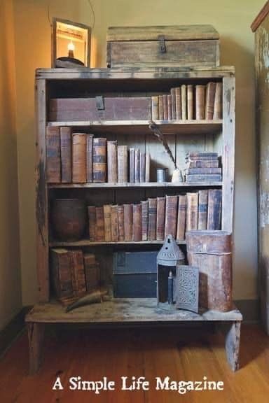 Medieval Bookshelf, Love Book Ideas, Primitive Bookcase, Frame Doorway, A Simple Life, Rustic Bathroom Designs, Primitive Homes, Prim Decor, Primitive Style