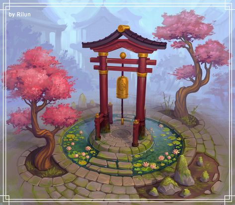 ArtStation - Ponds, Ruslana Gus Chinese Background, Japanese Village, Japanese Shrine, Props Concept, Japanese Drawings, Fantasy Props, Game Concept Art, Chinese Architecture, Game Character Design