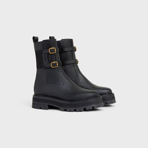 CELINE BULKY BUCKLED MEDIUM BOOT in Calfskin - Black | CELINE Celine Boots, Celine Shoes, New York Aesthetic, Loafer Sneakers, Shoe Boot Sandals, New Fragrances, Boots Outfit, Leather Goods, Biker Boot