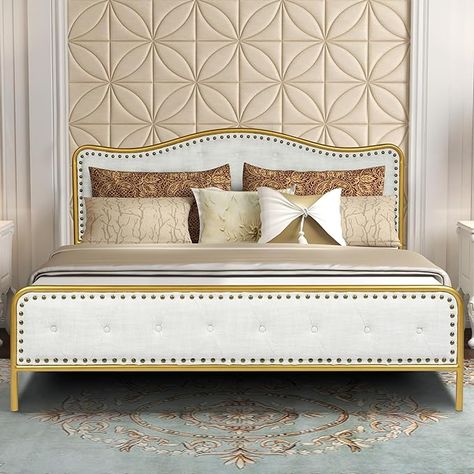 Queen Bed Frame, Upholstered Fabric Platform Bed Frame Queen Size Heavy Duty with Tufted Headboard Footboard and Strong Wooden Slats, No Box Spring Needed, Beige/Golden Fabric Platform Bed, Padded Bed, Bed Frame Queen Size, Bed Frame Upholstered, Bed Frame Queen, King Size Platform Bed, Decorative Styles, Fabric Bed Frame, Queen Size Bed Frames