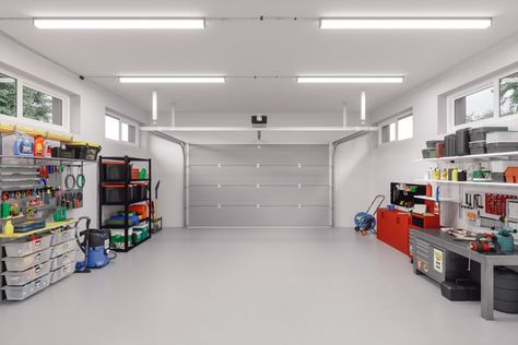 Plastic Shelving Units, Garage Storage Bins, Bike Storage Garage, Modern Garage, Plastic Shelves, Garage Interior, Unique Storage, Garage Lighting, Best Flooring