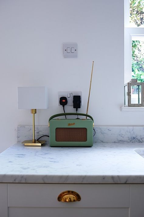 Living Room Knock Through, London Renovation, Victorian Terrace Kitchen, Kitchen Radio, Victorian Terrace Interior, Roberts Radio, Terrace Kitchen, A Small House, Butler Sink