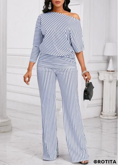 2piece Outfits, African Fashion Modern, Jumpsuit Elegant, Classy Dress Outfits, Blue Jumpsuits, Classy Casual Outfits, Off Shoulder Top, Striped Sleeve, Off Shoulder Tops