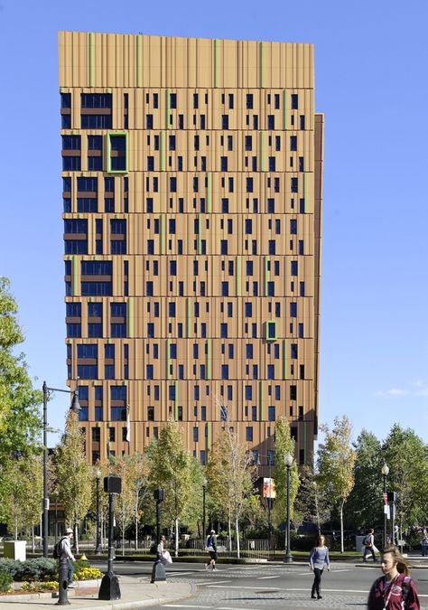 The Tree House Residence Hall at Massachusetts College of Art Residence Facade, Student Hotels, Student Residence, Boston Skyline, Residence Hall, Public Architecture, Architecture Landmark, Brick Architecture, Facade Design