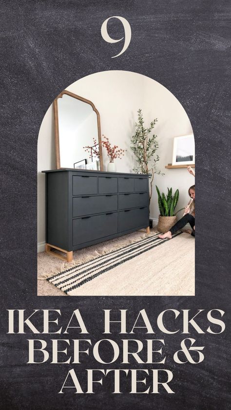 Ikea furniture transformed through Ikea hacks into something amazing. See the before and after for each piece. #ikeahack #ikeahacks #ikea #beforeafter #ideas Ikea Leksvik, Ikea Kallax Bookshelf, Ikea Hemnes Hack, Ikea Dining Room, Ikea Poang Chair, Ikea Ivar Cabinet, Ikea Bekvam, Simple Bookcase, Ikea Lack Table