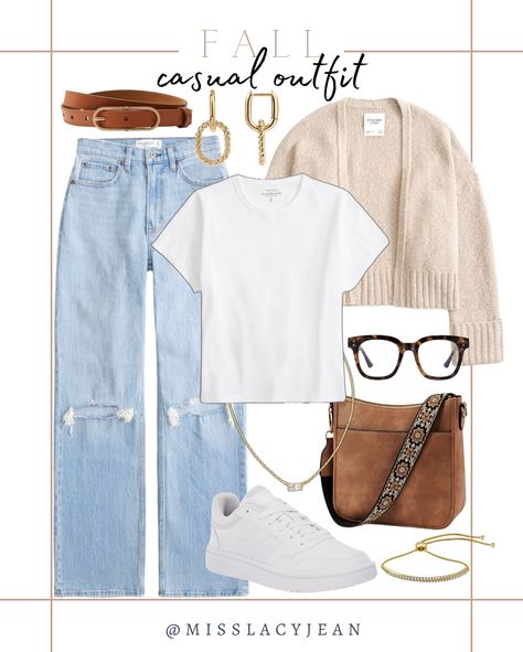 Comment FALL OUTFIT below to receive a DM with the link to shop this post on my LTK ⬇ https://liketk.it/4PVm6 Fall casual outfit includes crossbody bag, gold jewelry, sneakers, cardigan, white tee, jeans, belt, blue light glasses. Casual outfit, fall outfit, everyday outfit, neutral outfit #ltkshoecrush #ltkitbag #ltkstyletip White Crossbody Bag Outfit, Blue Tee Outfit, Light Blue Jeans Outfit, Recreate Outfits, Date Outfit Fall, Casual Outfit Fall, Crossbody Bag Outfit, Outfit Everyday, Blue Jean Outfits