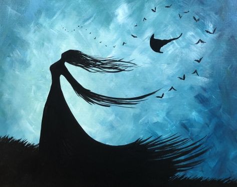 Simple Witch Painting, Witch Painting Acrylic, Witch Silhouette Painting, Abstract Witch Art, Witch Painting Ideas Easy, Witchcraft Painting Ideas, Witchy Acrylic Painting, Witch Canvas Painting, Easy Silhouette Paintings