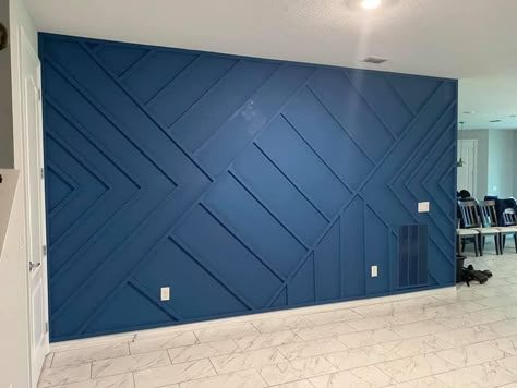 Royal Blue Accent Wall, Blue Tv Wall, Wooden Wall Panels Living Rooms, Split Foyer Remodel, Royal Blue Walls, Custom Wall Design, Kitchen Wall Design, Wall Molding Design, Office Wall Graphics