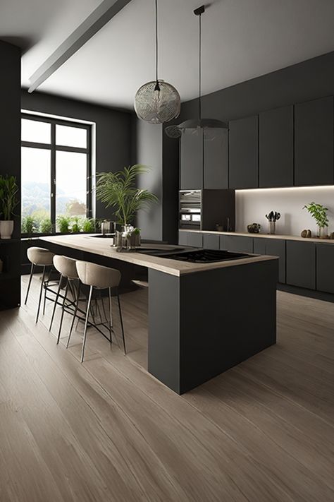 Modern Kitchen Wooden Floor, Modern Kitchen With Wooden Floor, Black And Beige Kitchen Ideas Modern, Black And Taupe Kitchen, Taupe And Black Kitchen, Beige Black Kitchen, Black And Beige Kitchen, Beige And Black Kitchen, Modern Kitchen Dark