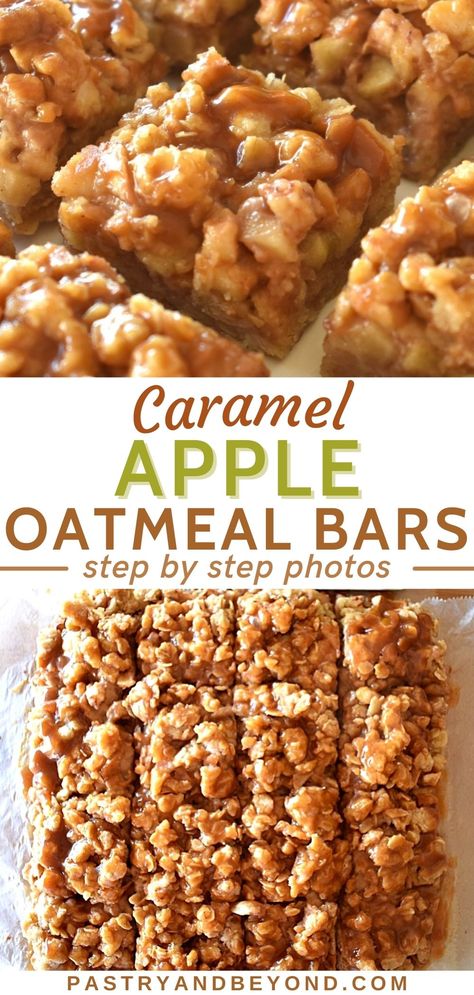 These apple oatmeal bars recipe with caramel sauce is so delicious and easy to make! You need the same dough for the crust and the crumbles. You can make your own caramel with only 2 ingredients. If you love sweet and tangy desserts, you should try this from-scratch treat. 4 Apples Recipe, Caramel Apple Oatmeal Bars, Caramel Apple Oatmeal Cookies Recipes, Baked Apple Oatmeal Bars, Apple Bars Healthy, What To Do With Caramel Sauce, Recipes Using Caramel Squares, Apple Caramel Bars, Apple Pie Oatmeal Bars