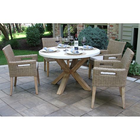 Outdoor Interiors Ivory Round 4 - Person Outdoor Dining Set with Cushions & Reviews | Wayfair Concrete Outdoor Dining Table, Rope Chair, Wicker Chairs, Outdoor Bar Stools, Table And Chair, Patio Dining Set, Outdoor Dining Set, Birch Lane, Outdoor Garden Furniture