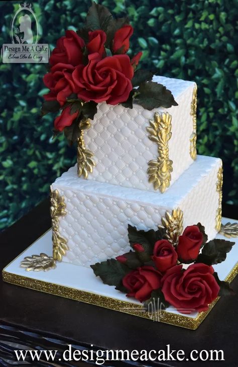 Gorgeous Cakes Birthday Beautiful, Quilted Cake Design, Red And Gold Wedding Cake, Best Cake Designs, Wedding Cakes Designs, Winter Wedding Cakes, Cake For Wedding, Red Wedding Cake, New Cake Design