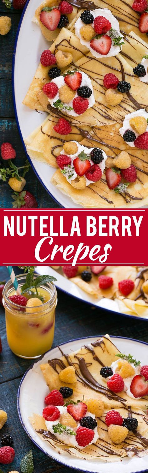 These nutella berry crepes are a foolproof recipe for blender crepes topped with nutella, whipped cream and fresh berries. Blender Crepes, Recipes Nutella, Berry Crepes, Crepes Nutella, French Crepe Recipe, Dessert Crepes, Nutella Filling, Crepe Ingredients, Strawberries And Raspberries