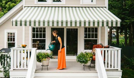 Deck Awnings, Awning Roof, Hamptons Cottage, House Awnings, Patio Windows, Porch Awning, House Redo, Outdoor Awnings, Airbnb Design