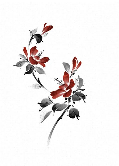 Japanese Flowers Art, Chinese Flowers Tattoo, Ikebana Tattoo, Red Ink Drawing, Pet Tattoo Ideas, Cute Flower Drawing, Pet Tattoos, Japan Flower, Japanese Ink Painting