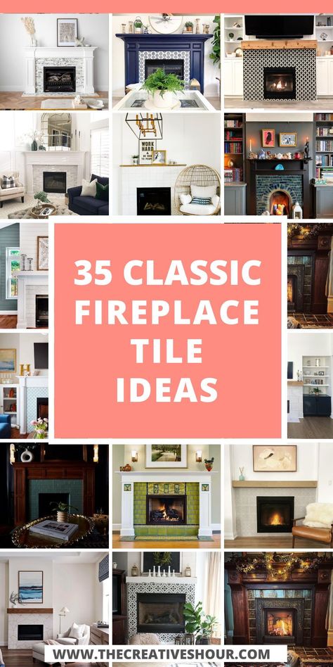 Revamp your fireplace with these stunning tile ideas! Picture a sleek modern farmhouse vibe, where a black fire surround becomes a focal point. Imagine cozy outdoor evenings by a gas fireplace, its tiles glistening under the stars. Envision a compact space transformed by a small, yet chic electric fireplace, adorned with modern black tiles that stretch floor-to-ceiling. Fireplace With Decorative Tile, Unique Fireplace Ideas Tile, Simple Fireplace Tile Ideas, Tiles On Fireplace Ideas, Slate Tile Fireplace Hearth, Fireplace Floor Hearth Ideas, Tile Around Fireplace Ideas Farmhouse, Tiled Fireplace Surround Ideas, Tiles Fireplace Ideas