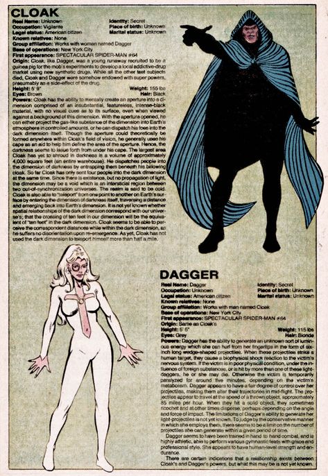 Cloak and Dagger by Ed Hannigan | The Official Handbook of the Marvel Universe #2 Cloak Marvel Comics, Cloak Marvel, Cloak And Dagger Marvel, Dagger Marvel, Tandy Bowen, Tyrone Johnson, Marvel Universe Characters, Marvel Knights, Marvel Facts