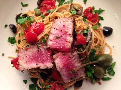 Tuna And Pasta Recipes, Tomato Caper Sauce, Tuna And Pasta, Tuna Dinner Recipes, Ahi Tuna Steak Recipe, Seared Ahi Tuna, Crohns Recipes, Ahi Tuna Steak, Tuna Steak Recipes