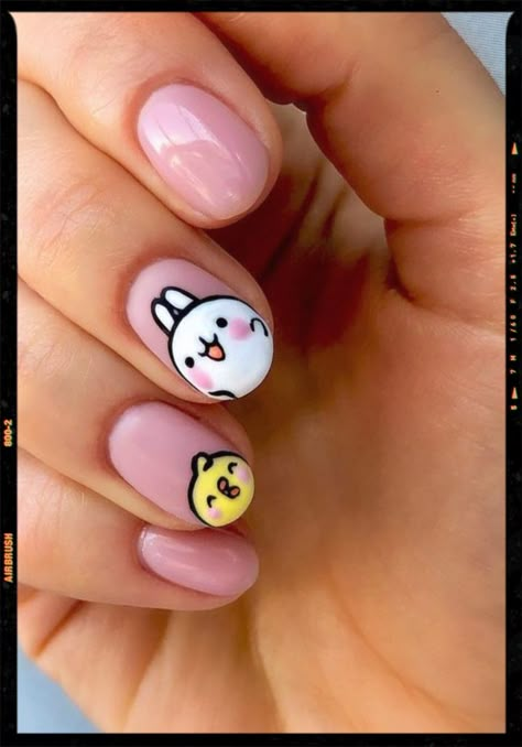 Molang Nails, Easter Nails For Short Nails, Mini Nail Art, Emoji Nails Design, Pink Easter Nails, Short Easter Nails, Kids Nail Art Designs, Easter Nails Short, Emoji Nails