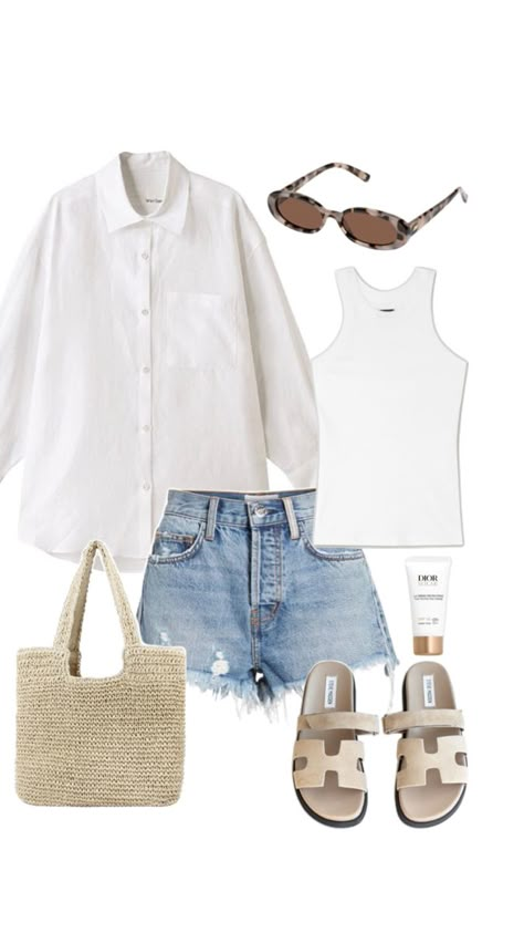 Girls Date Outfit, White Shirt Jean Shorts, Crochet Bag White, Girls Date, Jean Short Outfits, Look Zara, Beige Sandals, Summer Shorts Outfits, Summer Ootd