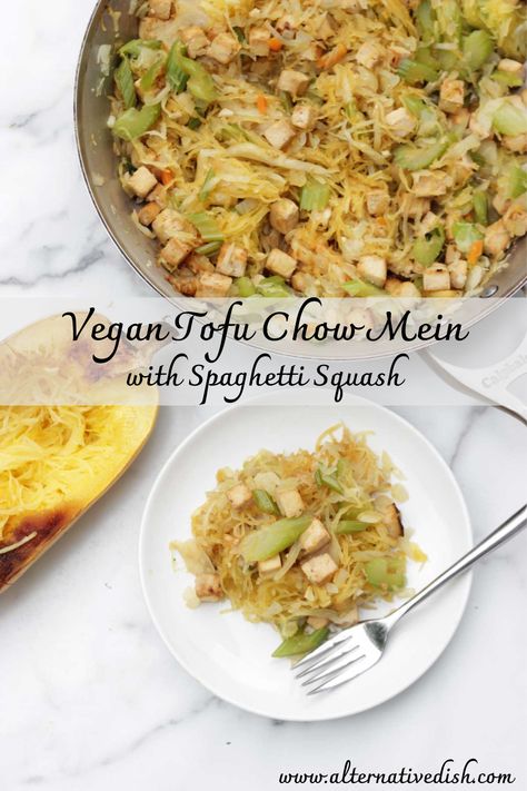 Homemade vegan tofu chow mein with spaghetti squash is better than takeout!  This easy vegan chow mein recipe is packed full of veggies and flavor for a healthier version of your favorite Chinese restaurant dish. Tofu And Spaghetti Squash, Veggie Chow Mein, Vegan Chow Mein, Spaghetti Squash Recipes Vegan, Vegan Entree Recipes, Chow Mein Recipe, Anti Inflamatory, Fresh Eats, Better Than Takeout