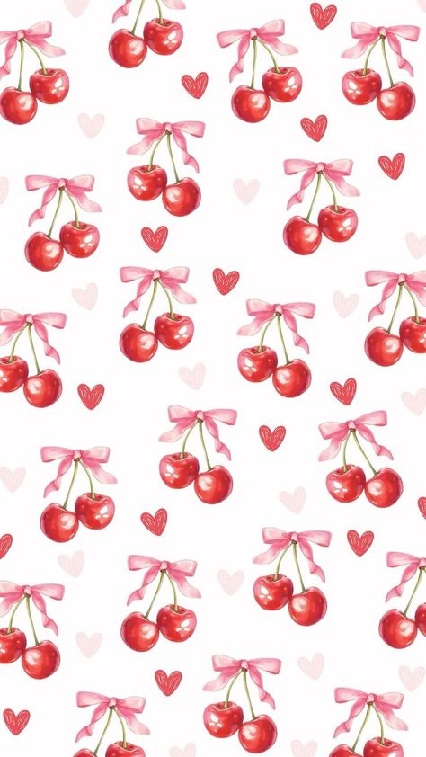 #wallpaper #coquette #cherries #bows Cherry Phone Background, Bows And Cherries Wallpaper, Cherry With Bow Wallpaper, Cherry Heart Wallpaper, Pink Cherries Wallpaper, Bows And Cherries, Hearts And Bows, Cheery Wallpapers, Pink Red Wallpaper Aesthetic