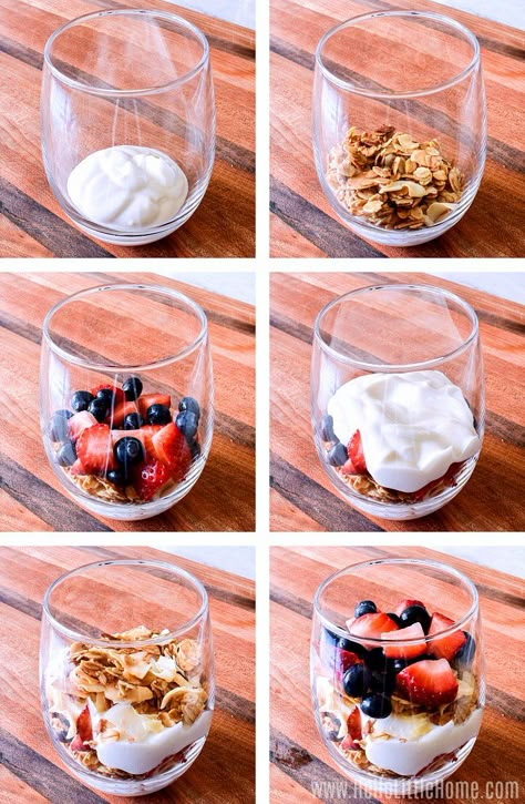 Wake up to a delicious Yogurt Parfait! Make a healthy Yogurt Parfait at home with this easy recipe. This breakfast Yogurt Parfait is made with simple ingredients: Greek yogurt, fresh berries (like strawberries and blueberries), and granola. Serve these tasty Fruit and Yogurt Parfaits in a mason jar, glass, or bowl. It’s a great make ahead breakfast for a crowd or party, brunch, meal prep, or an on the go morning! | Hello Little Home #parfait #yogurtparfait #breakfastrecipes #healthybreakfast Easy Yogurt Parfait, Healthy Yogurt Parfait, Yoghurt Parfait, Breakfast Yogurt Parfait, Yogurt Parfait Recipe, Fruit And Yogurt Parfait, Yogurt Granola, Resep Smoothie, Dessert Healthy