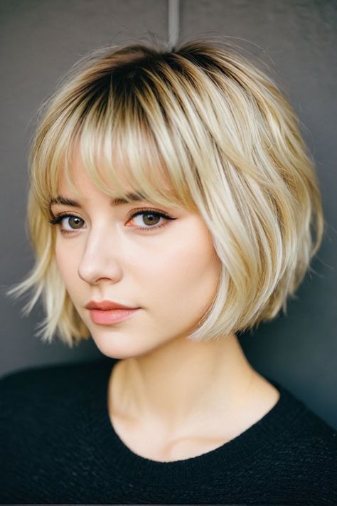 Sleek, Shaggy, or Wavy 33 Bobs You’ll Love : Blonde Textured Bob with Wispy Bangs Blonde Choppy Bob With Bangs, White Blonde Bob With Fringe, Blonde Choppy Bob With Fringe, Graduated Bob Fine Hair, Short Bob With Curtain Fringe Round Face, Girls Bob With Bangs, Shaggy Short Bob With Bangs, Short Layered Bob With Curtain Bangs, Short Blonde Hair With Bangs Round Face