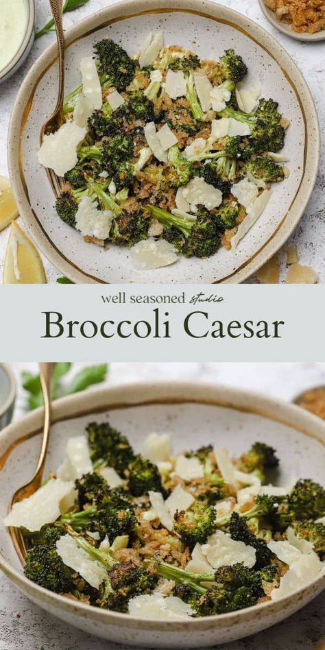 Caesar Roasted Broccoli Kitchn, Broccoli Ceasar Salad, Broccoli Ceaser Salad, Caesar Broccoli, October Foods, Broccoli Caesar Salad, Broccoli Side Dish Recipes, Broccoli Caesar, Salad With Homemade Dressing