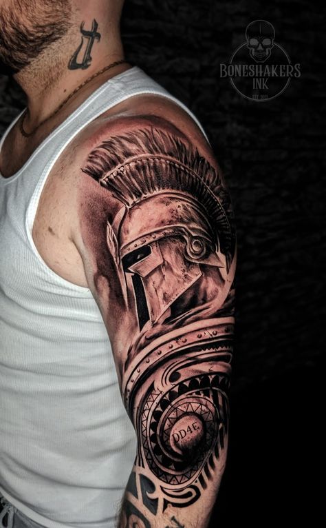 Realistic Tattoo Boneshakers Ink Shield Tattoo, Spartan Helmet, Arm Tattoo, Tattoos