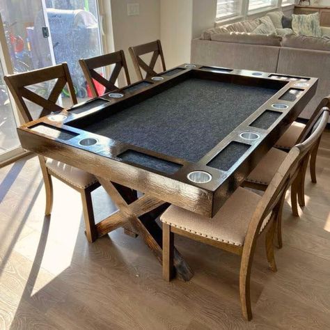 Ready to take your board game experience to the next level? Time to get a table that's designed for gaming! This board game table can double as your dinning room table, or can make a great focal point to your game room. With a removable table top, and a three inch drop, you can hide your games and puzzles underneath the dining top, when not in use! *Can double as a dinning room table *Comes with cup holders and individual playing areas *Optional removable Dining Table Top *Multiple sizes and Col Poker Table With Top, Hexagon Game Table, Game Board Table, Cozy Board Game Room, Western Game Room, Board Game Tables, Dnd Gaming Table, Board Game Room Decor, Dnd Table Diy