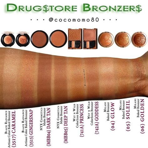 Drugstore Bronzers: Full Swatch (on dark skin) • My Collection • Wrapping up this week’s drugstore bronzer series with a swatch of all the bronzers I’d featured, so you can see them side-by-side. Check out my previous posts for a close-up of the shades, reviews and recommendations based on skin tone, pricing, and where to purchase these bronzers (in-store and online). • My skintone: MAC NC44.5/NC45/C7 • If you have any questions, leave a comment . • #blackradiance #nyx #wetnwild #milani ... Bronzer On Dark Skin, Bronzer Dark Skin, Bronzers For Dark Skin, Drugstore Bronzer, Woc Makeup, Makeup Tip, Makeup 101, Face Beat, Cake Face