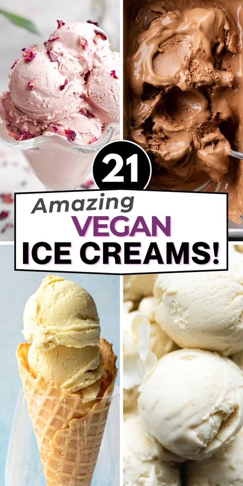 Get ready to indulge in some creamy, dreamy, dairy-free deliciousness with this collection of 21 Vegan Ice Cream Recipes! From classic favorites like chocolate and vanilla to exotic flavors like ginger maple miso and vanilla rose, there's something here for everyone. Oh, you'll also find plenty of coconut-free AND nut-free options! Dairy Free Nut Free Ice Cream Recipe, Vegan Soft Serve Ice Cream, Ice Cream Vegan Recipe, Creamy Dairy Free Ice Cream, Nondairy Ice Cream Recipe, Vegan Ice Cream Maker Recipes, Creamy Vegan Ice Cream, Ninja Ice Cream Recipes Dairy Free, Vegan Ice Cream No Machine