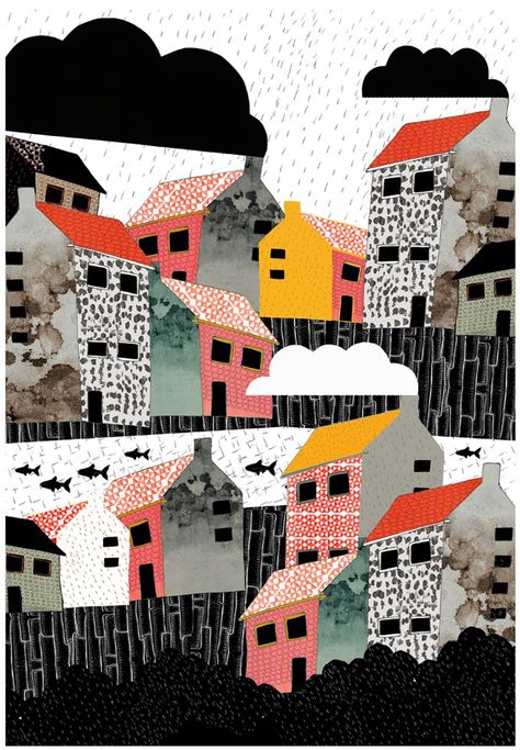 PETRA FERWEDA  | House illustration  #illustration #houseillustration #art #artwork Urbanisation Illustration, Kunst Collages, Architectural Illustration, 동화 삽화, Building Illustration, Rain Cloud, House Illustration, City Illustration, Collage Illustration