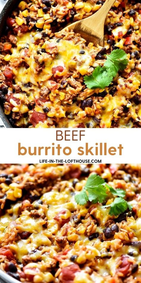 Ground Beef Burrito Skillet, Healthy Ground Beef Mexican Recipes, Southwest Ground Beef Skillet, Burrito Bowl With Ground Beef, Burrito Ideas Dinners, Burrito Bowl Recipe Beef, Hamburger Burrito Recipe, Mexican Recipes Ground Beef, Ground Beef And Jasmine Rice Recipes