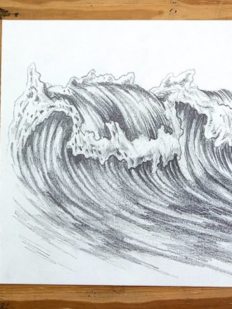 Ocean Drawing Easy, Draw Ocean, Ocean Wave Drawing, Waves Sketch, Water Sketch, Ocean Drawing, Collage Landscape, Wave Drawing, Easy Waves