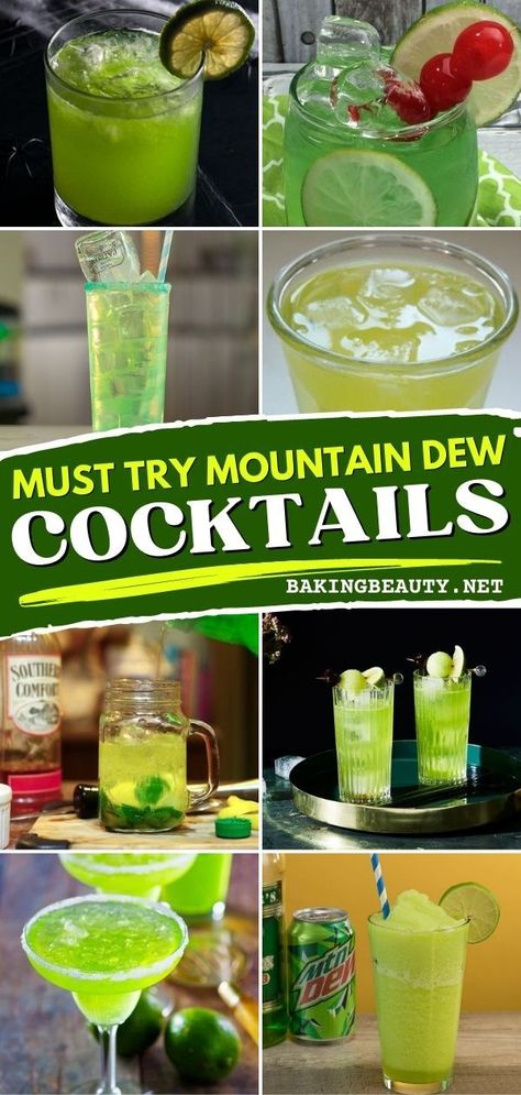 You have to check these must-try mountain dew drinks! The color and flavor of the soda make it a winning ingredient in a wide variety of cocktails, from margaritas to cider! These best mountain dew cocktails are at the top tier! Mtn Dew Alcohol Drink Recipes, Mountain Dew Margarita, Mt Dew Cocktail, Mountain Dew Cocktail Drinks, Mountain Dew Alcoholic Drinks, Mountain Dew Jello Shots, Mountain Dew Mixed Drinks, Camper Crawl Drinks, Mountain Dew Cocktail