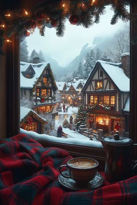 Christmas View From Window, Christmas Carolling, Winter Window Scene, Christmas Village Scene, Outdoor Christmas Decoration Ideas, Village Photos, Christmas Landscape, Winter Window, Christmas Scenery