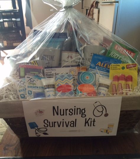 Nurse graduation gift basket! Everything a new nurse will need! Special nurse coffee mugs, wine, tissues, snacks, Chapstick, hand sanitizer and lotion, mini note pads, pens...and more! Nurse Graduation Gift Basket, Nursing Graduation Gift Ideas, Nursing Survival Kit, Emergency Nurses Week, Nurses Week Humor, Nurse Gift Baskets, Nurses Week Quotes, Graduation Gift Basket, Nursing School Graduation Party