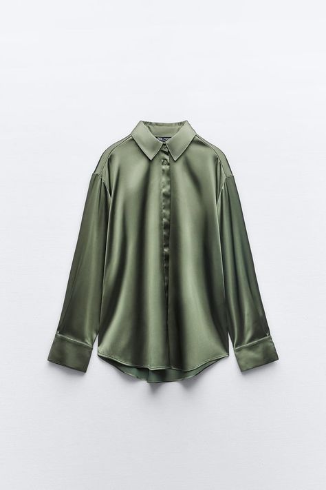 Oversized Satin Shirt, 2023 Ss, Kurta Neck Design, Zara Blouse, Satin Shirt, Green Blouse, Inspiration Style, Dream Clothes, Collar Shirts