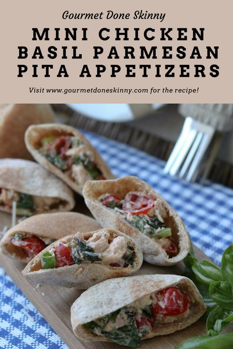 These Chicken Basil Parmesan Mini Pita Appetizers are super easy to make and definitely a crowd pleaser. #chickenbasilappetizer #freestyleappetizer #healthyappetizer #Gourmetdoneskinnywineconcertseries Pita Appetizers Mini, Mini Pitas Ideas, Mini Pita Recipes, Mini Pita Ideas, Pita Appetizers, Weight Watchers Pasta Recipes, Chicken Basil, Healthy Baked Chicken, Pita Pockets