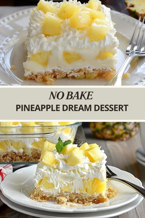 NO BAKE PINEAPPLE DREAM DESSERT No Bake Yum Yum Dessert, No Bake Pineapple Dream Dessert Recipe, No Bake Pineapple Cream Dessert Recipe, No Bake Pineapple Coconut Bars, Summer Time Desserts No Bake, Pineapple Delight Dessert No Bake, Luau Theme Desserts, Lush Cakes Dessert Recipes, No Bake Pineapple Cream Dessert