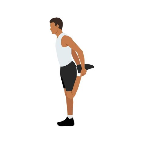 Man doing quadriceps stretch, cool down exercise. Balance pose, flexibility improvement. Flat vector Cool Down Exercise, Quadriceps Stretch, Cool Down Exercises, Cool Down Stretches, 30 Minute Cardio, Full Body Cardio, Quad Stretch, Hiit Cardio Workouts, Best Cardio Workout