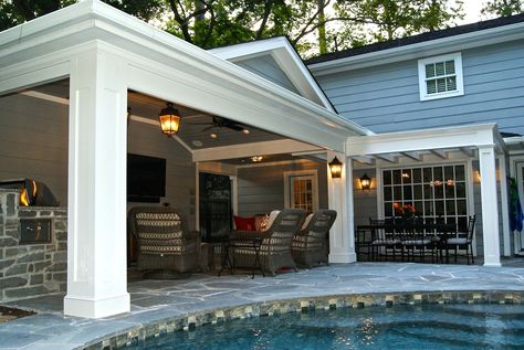 The limited space in this backyard dictated building the patio cover off the detached garage. The breezeway was rebuilt to provide great coverage out the back door to the outdoor living space.  The project was painted to match the home, including the secondary trim color.   The flooring is flagstone. Garage Outdoor, Backyard Garage, Covered Patio Design, Patio Remodel, Home Stuff, Outdoor Covered Patio, Lake Style, Covered Patios, Garage Patio