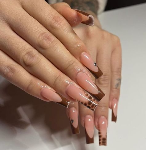 Brown French With Design, Brown Nail Inspo Square, Classy Tapered Square Nails, Brown Long Nails Design, Medium Square Acrylic Nails Fall, Short Brown Nails Acrylic, Fall Nails Basic, Tapered Square Nails French Tip, November Nails Square