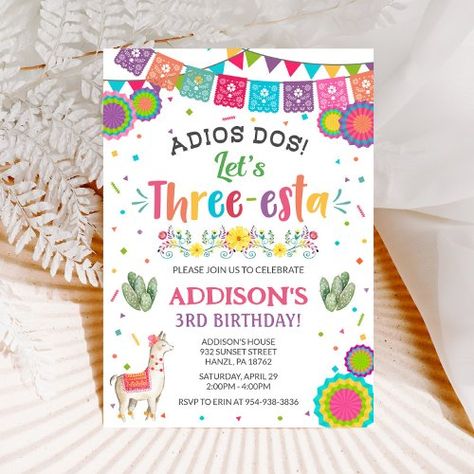 $2.61 | Fiesta 3rd Birthday Invitation - birthday fiesta, no time to siesta, threeesta, mexican invitation, 5 de mayo, cinco de mayo, girl birthday, adios dos, birthday party invitation, llama Adios Dos Birthday Party, 3rd Birthday Invitation, Birthday Fiesta, 5 De Mayo, Third Birthday, Birthday Party Invitation, Diy Business, 3rd Birthday, Birthday Party Invitations