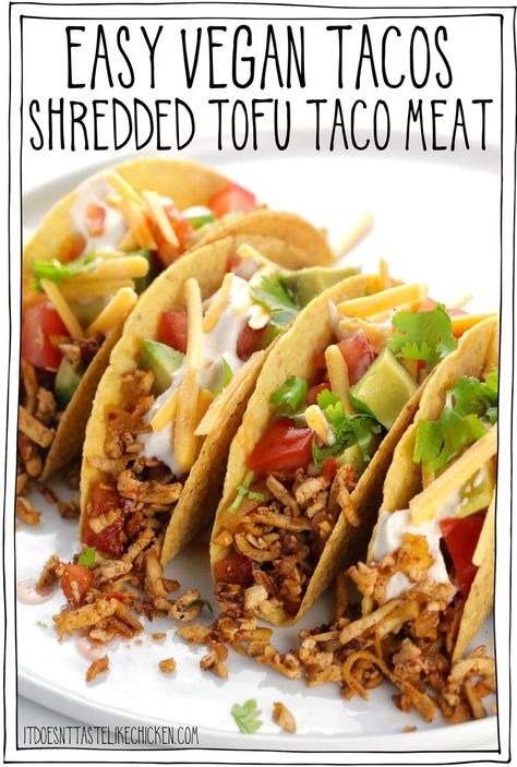 Easy Vegan Tacos: Shredded Tofu Taco Meat • It Doesn't Taste Like Chicken Vegan Taco Seasoning, Grated Tofu Tacos, Vegan Taco Ideas, Shredded Tofu Tacos, Vegan Taco Bar, Tofu Tacos Recipes, Shredded Tofu Recipe, Tofu Taco Meat, Grated Tofu