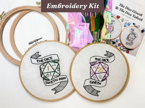 The Dice Giveth and The Dice Taketh Away Embroidery Kit - Two d20 DND Embroidery Patterns and Supplies | MakerPlace by Michaels Dnd Embroidery Pattern, Dnd Embroidery, Nerd Crafts, Logo Sewing, Wooden Embroidery Hoops, Dmc Embroidery Floss, Needlework Patterns, Embroidery Patterns Free, Needle Work