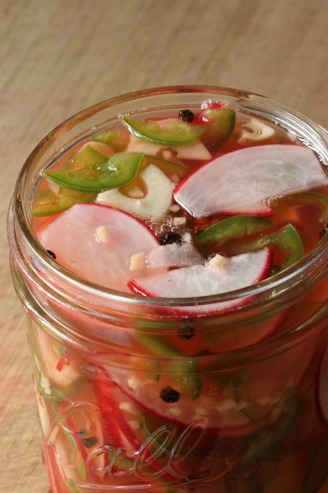 Mexican Pickled Radishes with Jalapeños - A Life Well Planted Pickling Vegetables, Preserving Recipes, Pressure Canning Recipes, Jalapeno Recipes, Pickled Radishes, Refrigerator Pickles, Pickled Vegetables, Ginger And Honey, Chutney Recipes